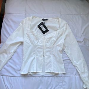 White Woven Long Sleeve Zip Front Corset Top
